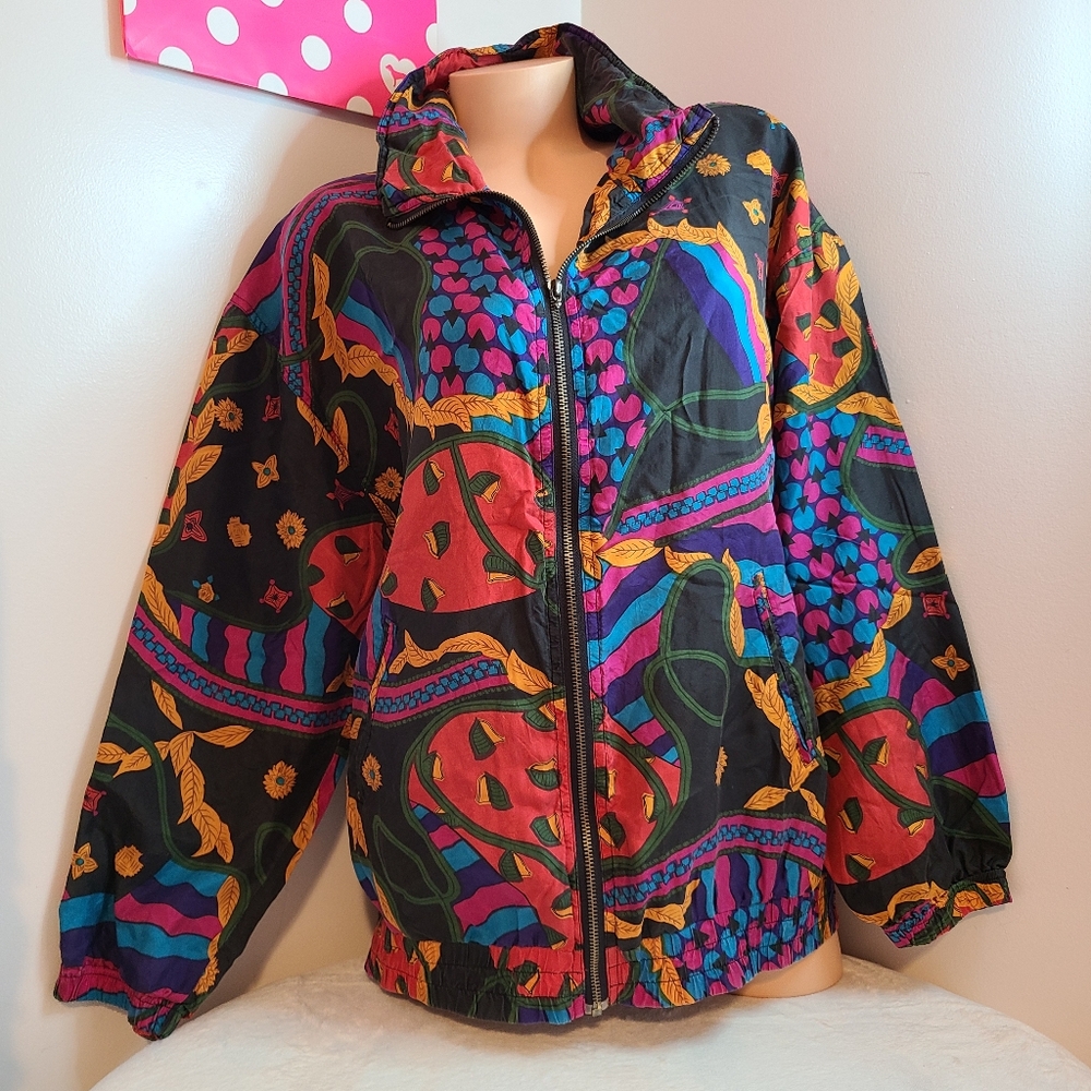 Vtg Basic Editions 100% Silk Multicolor Bomber Ja… - image 1